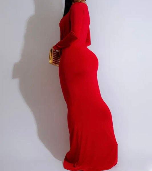 Women Sexy Metal Cut Out Full Sleeve Solid Color Maxi Dress