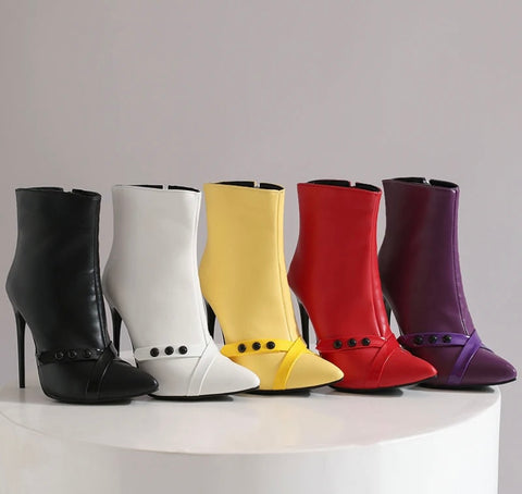 Women Color Fashion Button High Heel Ankle Boots