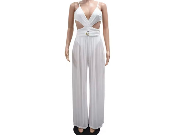 Women Sexy Sleeveless Beaded Mesh Cut Out Jumpsuit