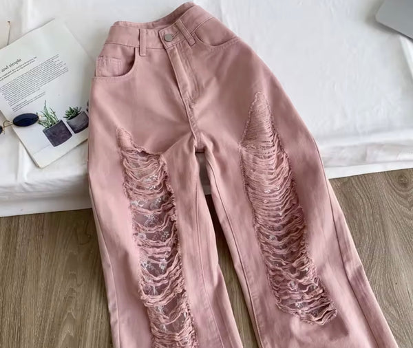 Women Fashion Pink Ripped Denim Pants
