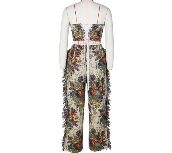 Women Sexy Fashion Strapless Floral Print Fringe Two Piece Pant Set