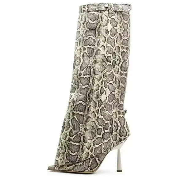 Women Fashion Pointed Toe Animal Print Buckled Boots