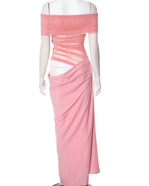 Women Sexy Off The Shoulder Solid Color Mesh Patchwork Dress