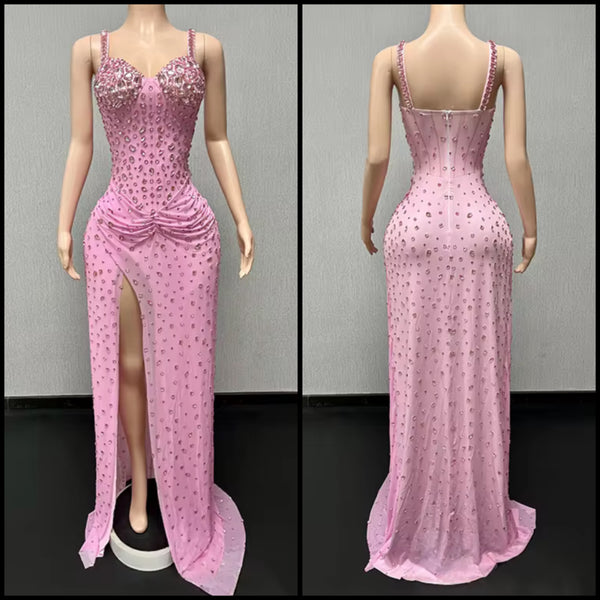 Women Sexy Sleeveless Pink Crystal Rhinestone Maxi Dress