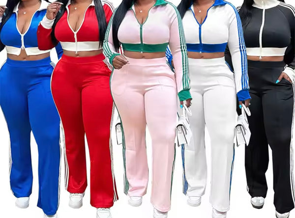 Women Color Fashion Full Sleeve Striped Tracksuit Two Piece Pant Set