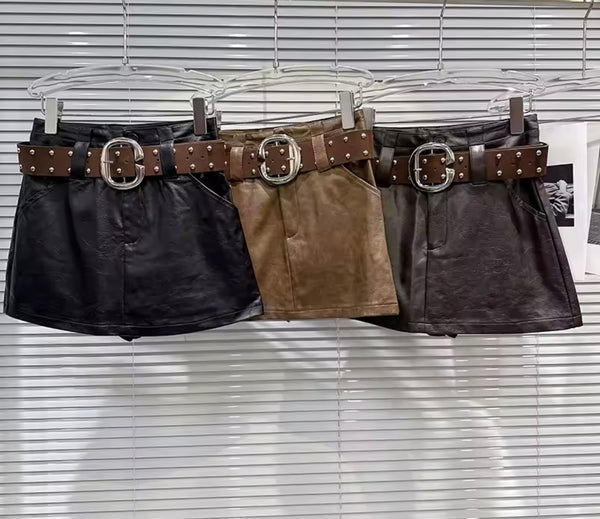 Women Rivet Belted Faux Leather Fashion Skirt