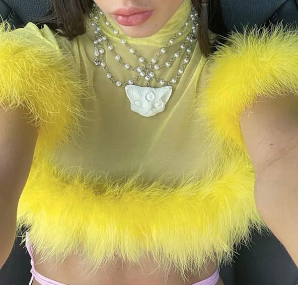 Women Sexy Fashion Feather Mesh Yellow Crop Top