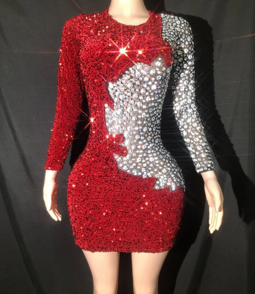 Women Sexy Red Sequins Bling Patchwork Full Sleeve Dress