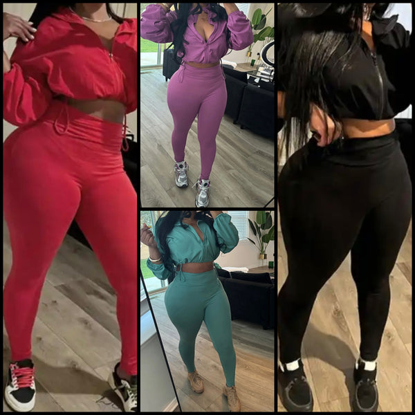 Women Fashion Solid Color Zip Up Full Sleeve Crop Two Piece Pant Set