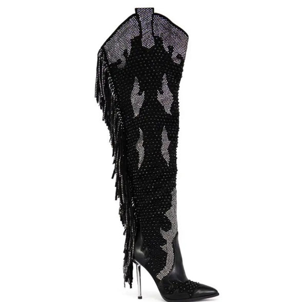 Women Fashion Bling Tassel Knee High Western High Heel Boots