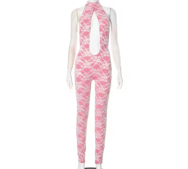 Women Sexy Halter Sleeveless Pink Lace Cut Out Jumpsuit