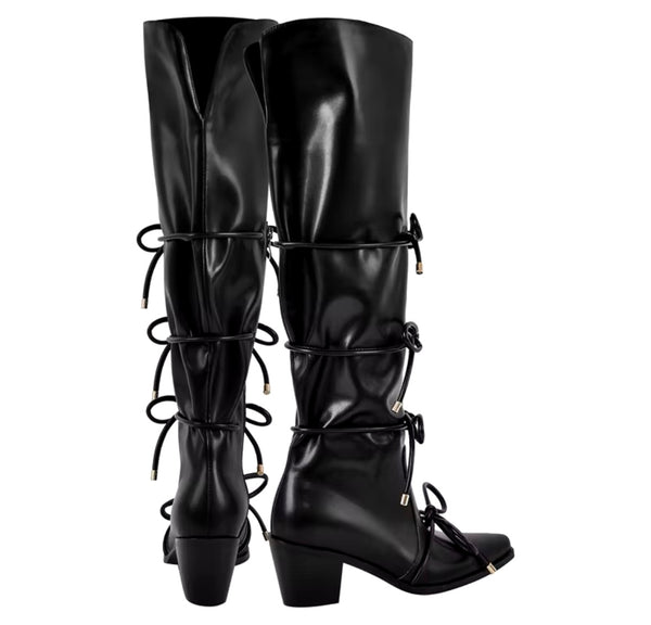 Women Fashion Faux Leather Pointed Toe Tie Up Knee High Boots