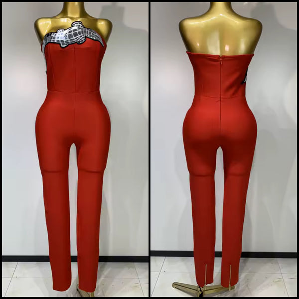 Women Red Printed Strapless Fashion Jumpsuit