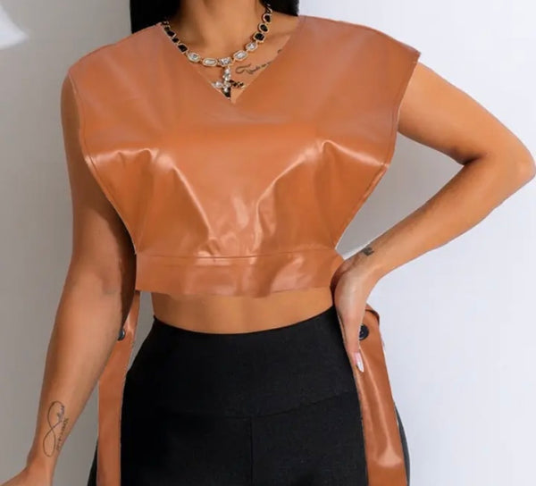 Women Fashion Sleeveless Faux Leather Crop Top