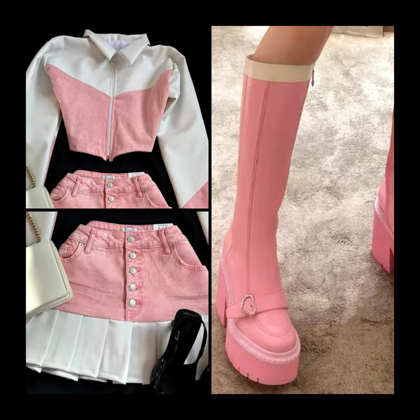 Women Fashion Pink Buckled Platform Zip Up Knee High Boots