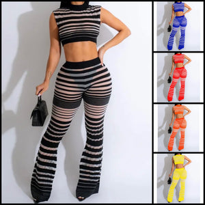Women Sexy Sleeveless Mesh Patchwork Crop Two Piece Pant Set