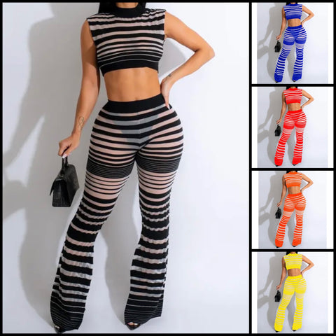 Women Sexy Sleeveless Mesh Patchwork Crop Two Piece Pant Set