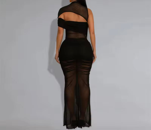 Women Black Sleeveless Mesh Sexy Maxi Dress
