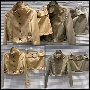 Women Fashion Button Up Buckled Jacket Two Piece Skirt Set
