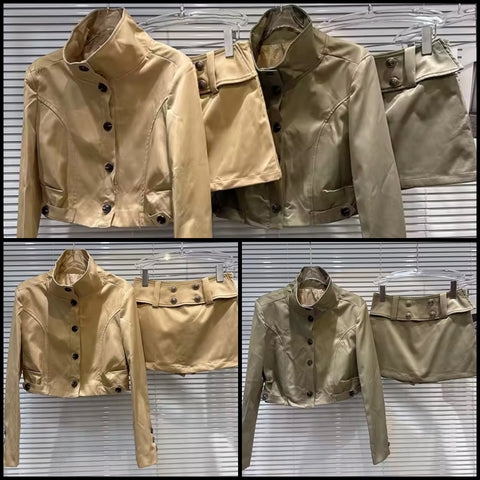 Women Fashion Button Up Buckled Jacket Two Piece Skirt Set