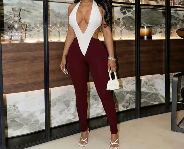 Women Halter Sleeveless Color Patchwork Jumpsuit