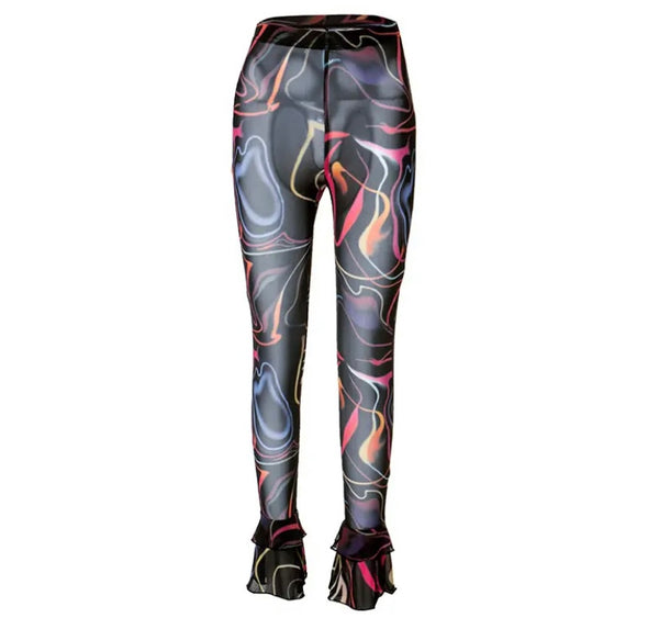 Women Sexy Fashion Black Rainbow Print Mesh Pants