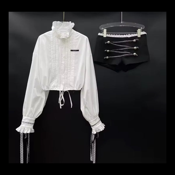 Women White Ruffle Button Up Two Piece Black Short Set