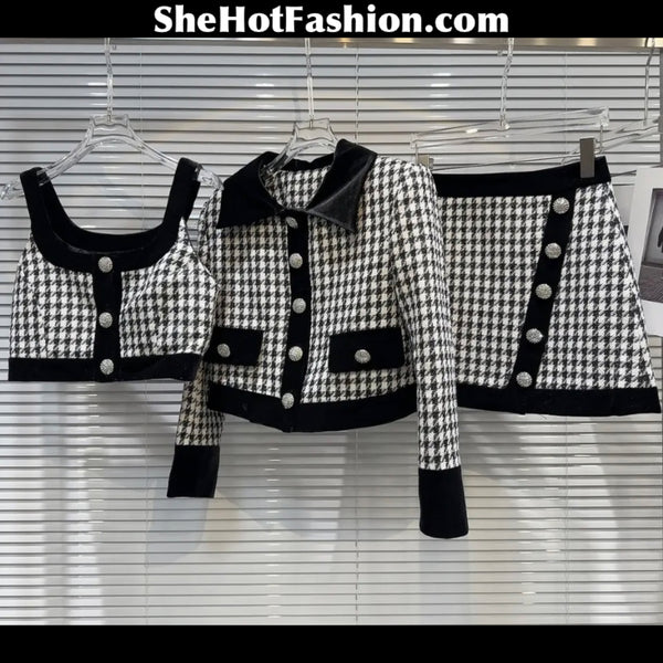 Women Sexy B&W Button Up Three Piece Skirt Set