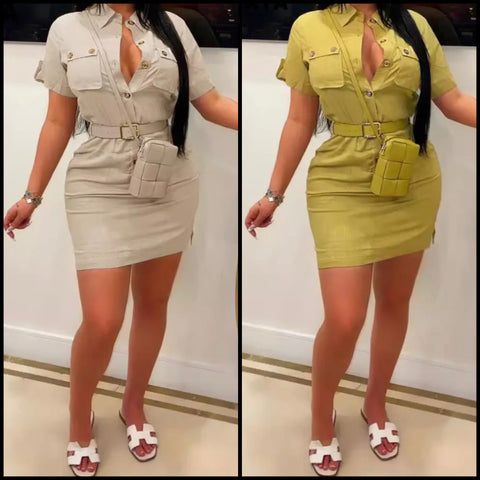 Women Fashion Button Up Short Sleeve Dress