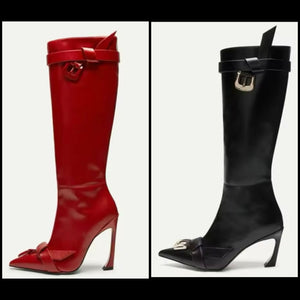 Women Buckled Pointed Toe Faux Leather Knee High Boots