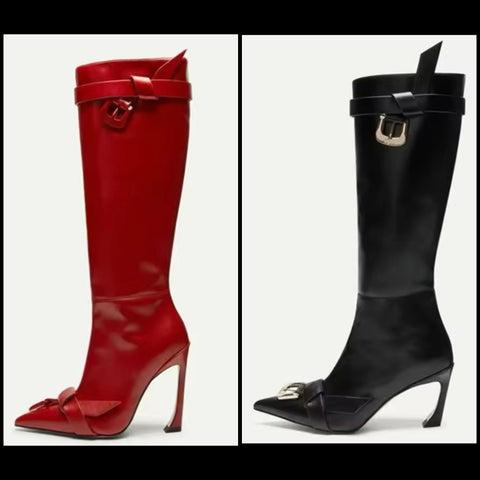 Women Buckled Pointed Toe Faux Leather Knee High Boots