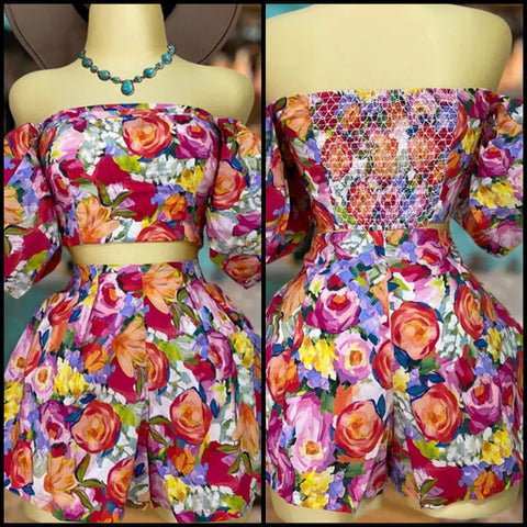 Women Sexy Off The Shoulder Short Sleeve Colorful Floral Two Piece Short Set