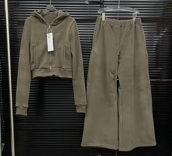 Women Color Zip Up Hooded Two Piece Wide Leg Tracksuit Pant Set