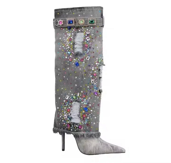 Women Pointed Toe Color Crystal Denim Knee High Boots