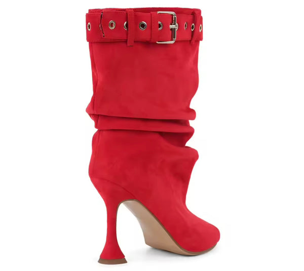 Women Color Open Toe Suede Buckle Ruched High Heel Boots