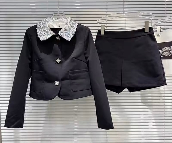 Women Black Lace Collar Bling Button Up Blazer Two Piece Short Set