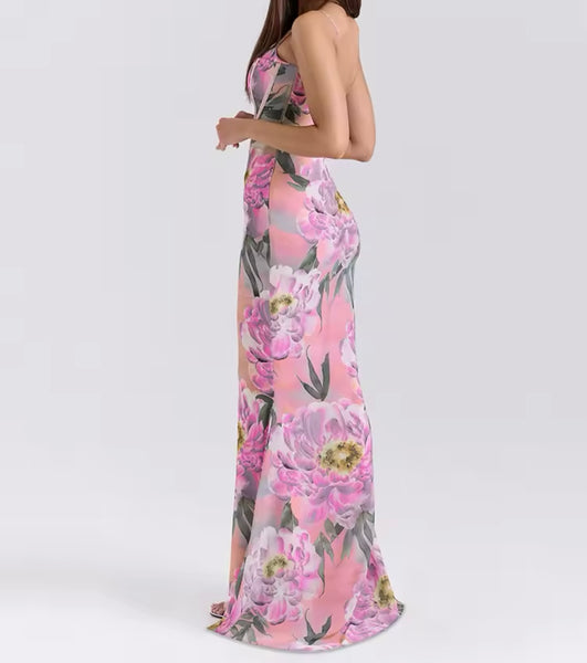 Women Sexy Sleeveless Pink Floral Print Maxi Dress