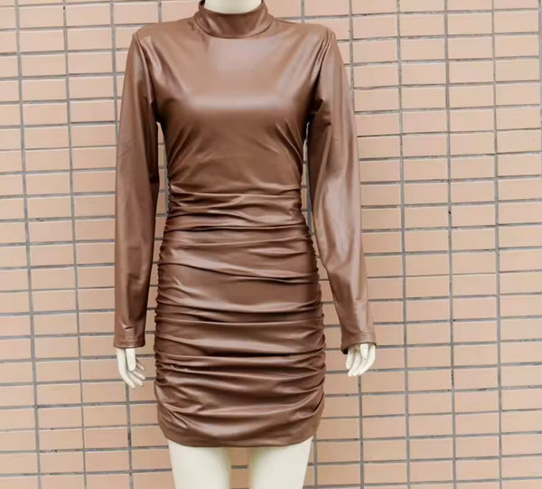 Women Sexy Fashion Ruched PU Full Sleeve Dress