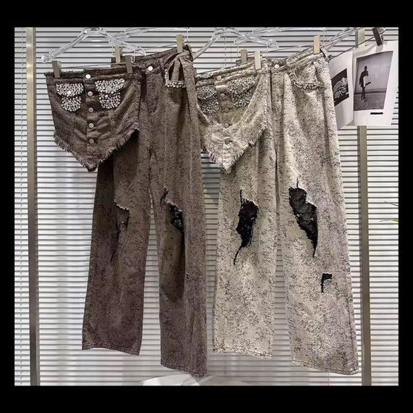 Women Animal Print Rhinestone Strapless Ripped Two Piece Pant Set