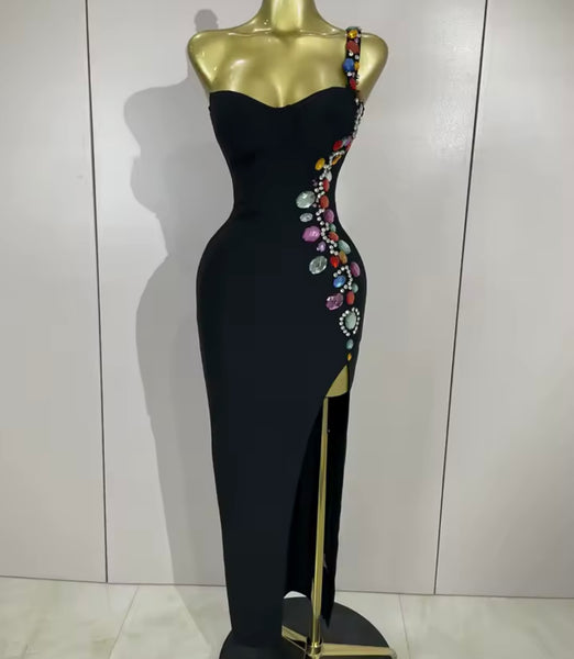 Women Black One Shoulder Sleeveless Colorful Crystal Maxi Dress