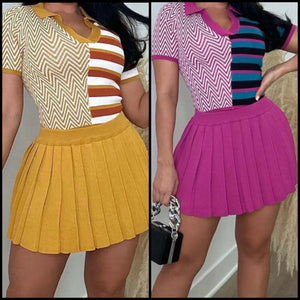 Women Fashion Short Sleeve Printed Patchwork Pleated Two Piece Skirt Set