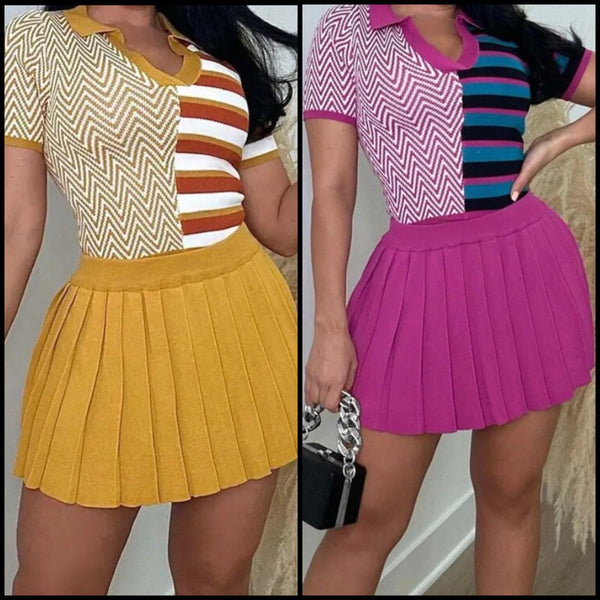 Women Fashion Short Sleeve Printed Patchwork Pleated Two Piece Skirt Set