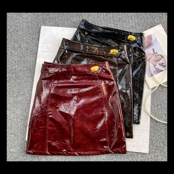 Women Fashion High Waist Metal PU Skirt