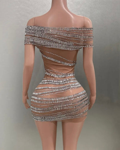 Women Sexy Off The Shoulder Short Sleeve Mesh Bling Dress
