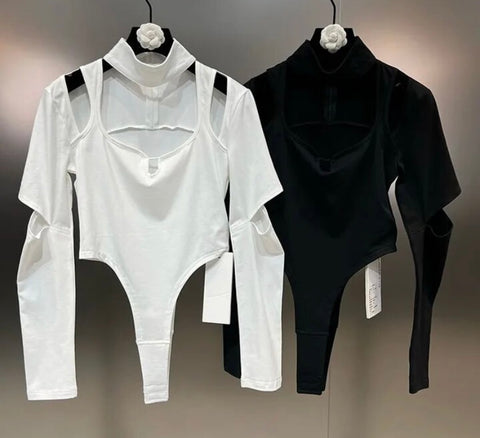 Women Fashion Cut Out Solid Color Full Sleeve Bodysuit Top