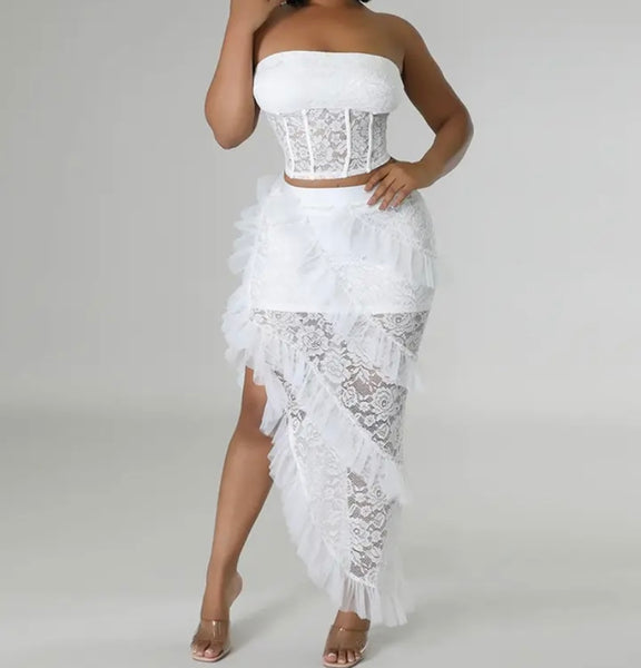 Women Lace Sexy Strapless Ruffled Two Piece Skirt Set