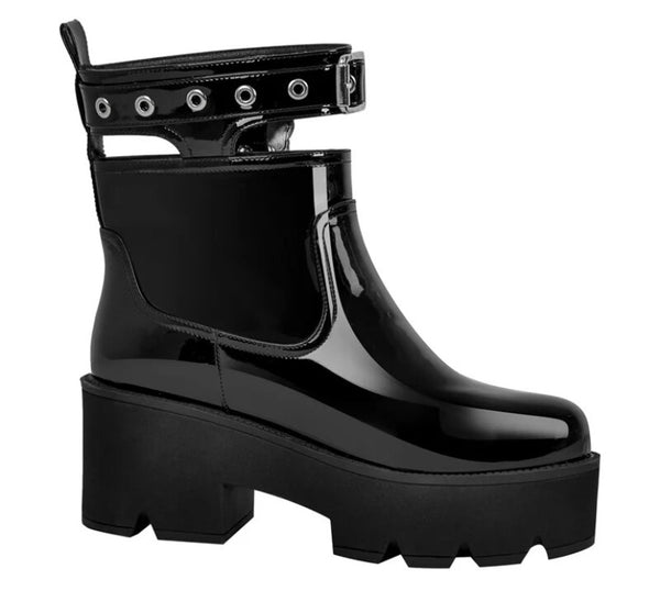 Women Black Patent Leather Butterfly Buckle Ankle Boots