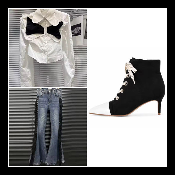Women Fashion Pointed Toe Color Patchwork Tie Up Ankle Boots