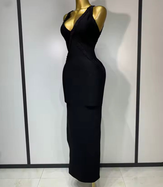 Women Sexy Ruffled Sleeveless Black Open Back Maxi Dress