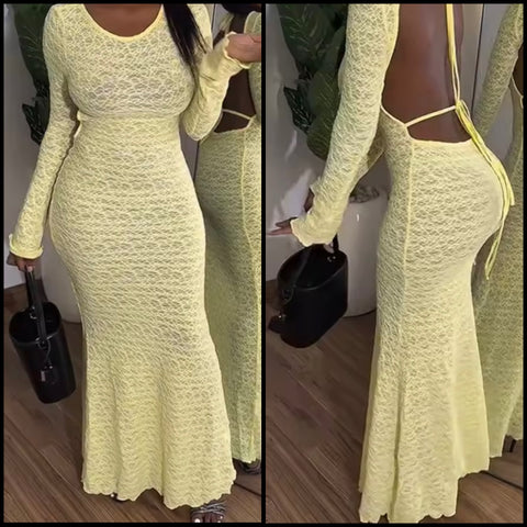 Women Yellow Lace Open Back Full Sleeve Sexy Maxi Dress